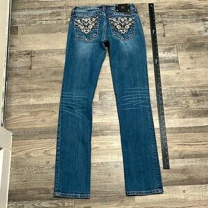 Miss Me Blue Straight Leg Jeans with Faded Wash and Contrast Stitching